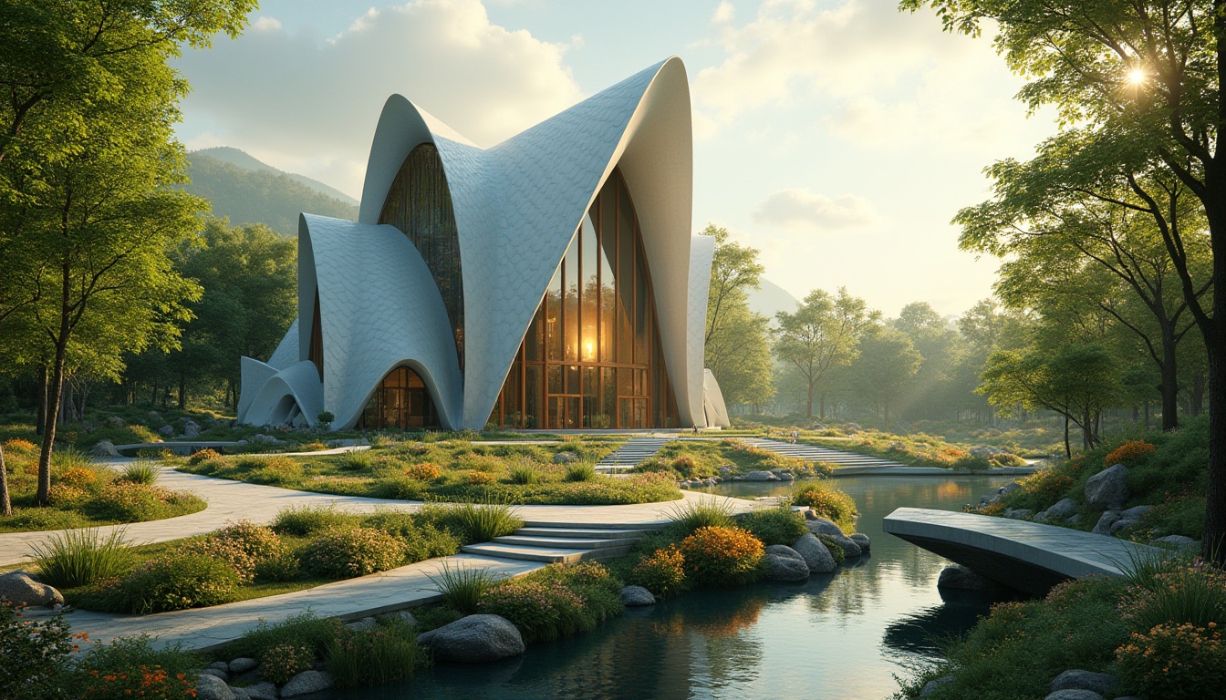 Prompt: Metabolism style church, futuristic architecture, sleek lines, metallic materials, reflective surfaces, green roofs, integrating with natural park surroundings, lush vegetation, vibrant flowers, winding walkways, serene water features, peaceful atmosphere, warm sunlight filtering through trees, soft shadows, 3/4 composition, cinematic lighting, shallow depth of field.