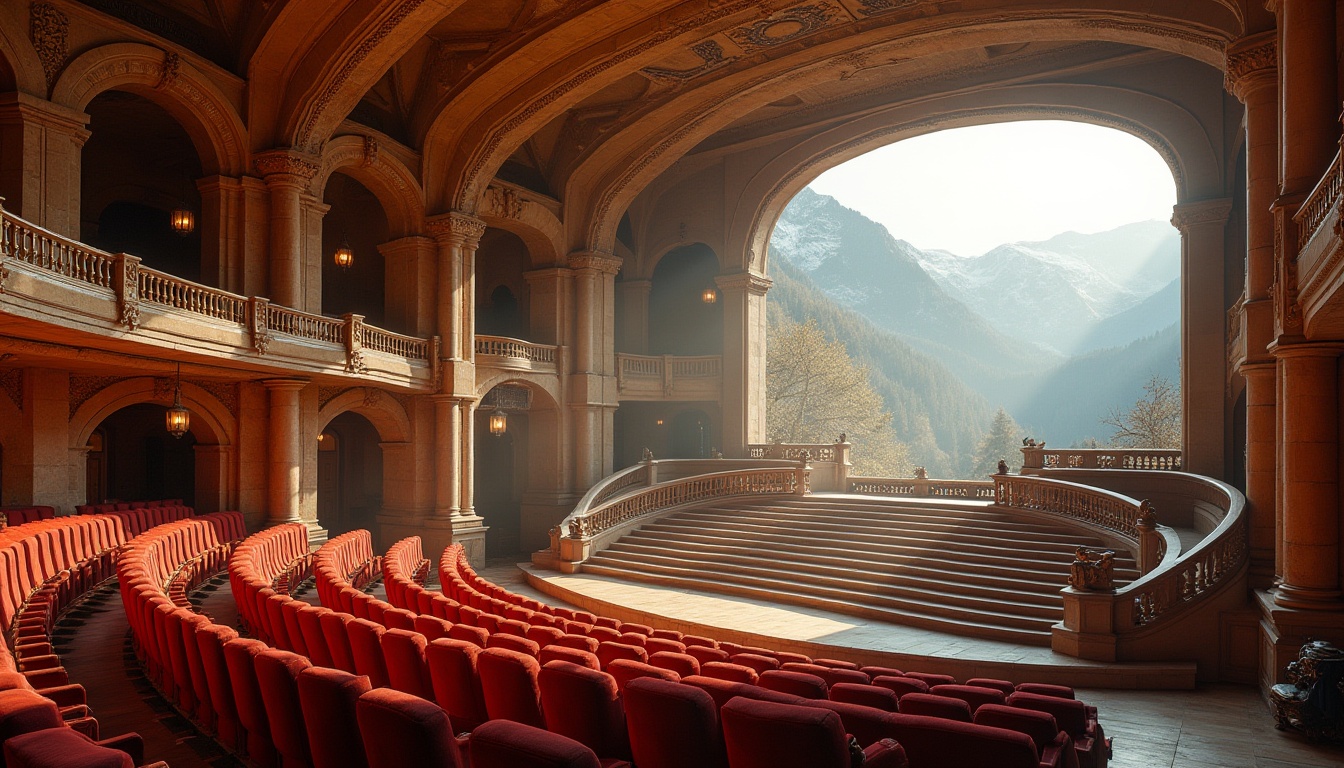 Prompt: Mountainous auditorium, grandiose architecture, Sienna color tone, warm beige stone walls, rustic wooden floors, intricate carvings on high ceilings, majestic chandeliers, rows of comfortable seats in crimson red velvet, gentle slope of stairs, ornate golden railings, massive windows with panoramic view of surrounding mountains, snow-capped peaks in the distance, misty atmosphere, soft warm lighting, dramatic shadows, cinematic composition.