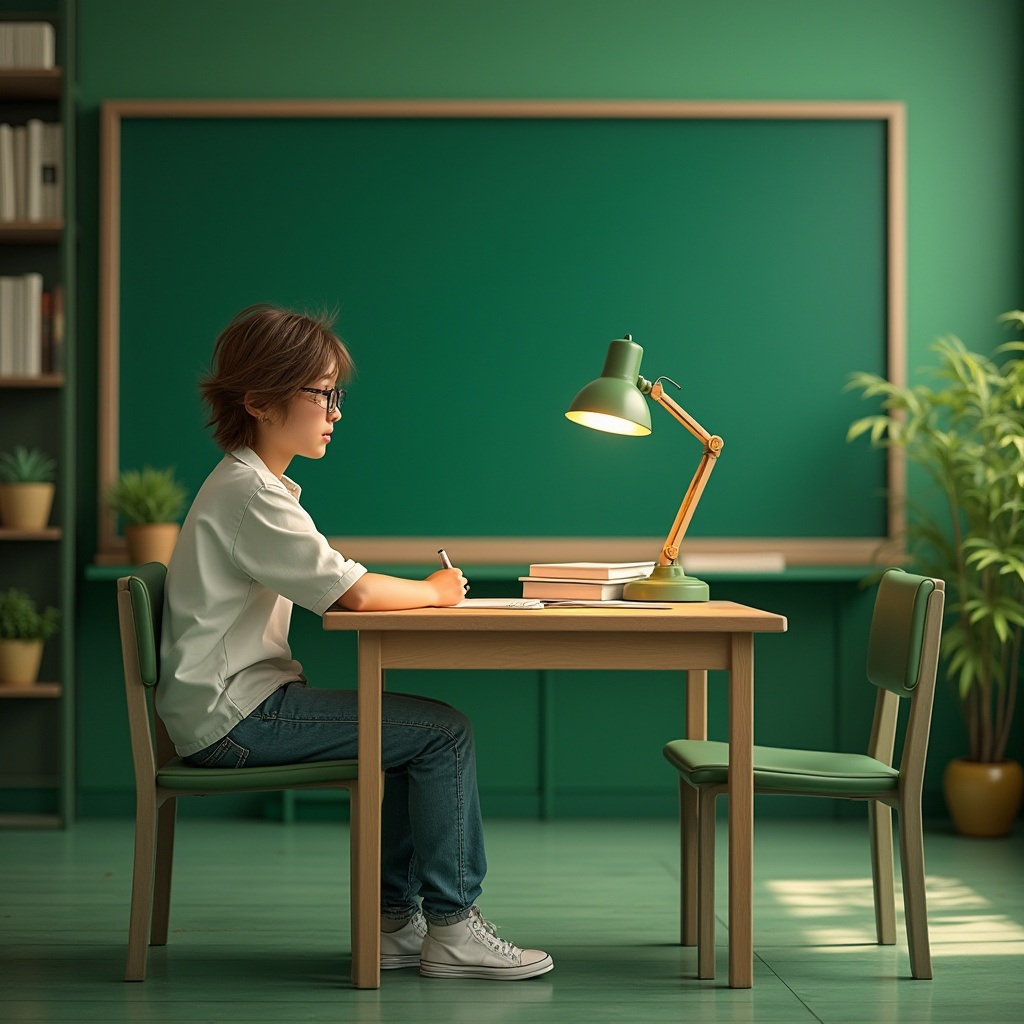 Prompt: Green educational background, vibrant green chalkboard, bright green desk lamp, calm green walls, lush green plants on shelves, energetic green chairs, natural green flooring, peaceful green courtyard with trees, serene green library, solo student sitting at a wooden table, focused expression, glasses perched on the end of nose, messy brown hair, casual white shirt, worn jeans, sneakers, scattered textbooks and notes, warm soft lighting, 3/4 composition, depth of field.