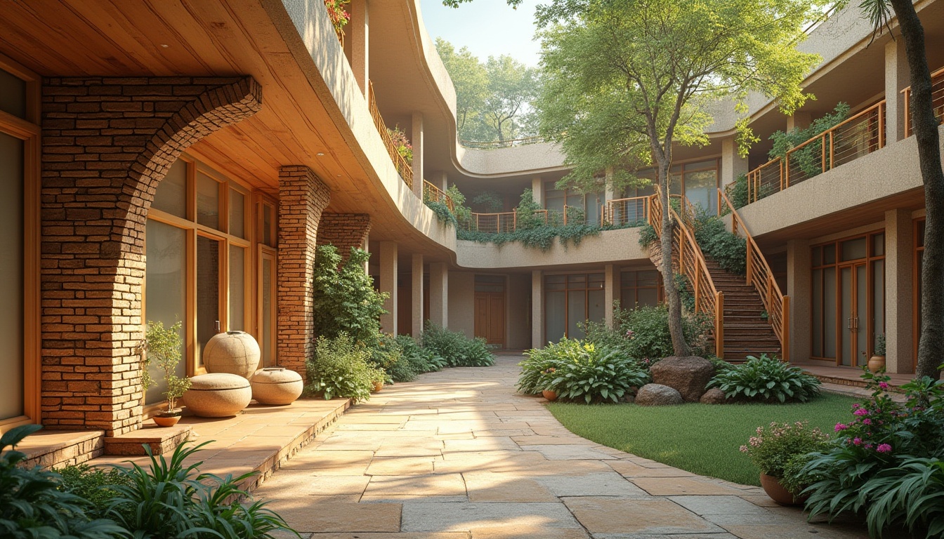 Prompt: Middle school, organic architecture, brick material, earthy tone, curved lines, natural light, greenery surroundings, lush trees, vibrant flowers, winding staircase, warm beige walls, wooden accents, comfortable seating areas, open spaces, nature-inspired ornaments, soft diffused lighting, 3/4 composition, warm color palette.