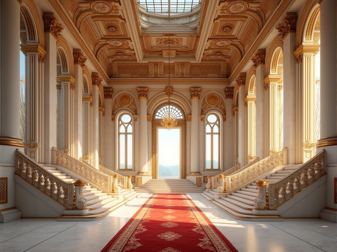 Prompt: Grand, majestic pavilion, Renaissance style, ornate details, intricate carvings, white marble columns, golden accents, stained glass ceiling, grand staircase, luxurious chandelier, velvet red carpet, majestic entrance, symmetrical composition, Baroque architecture, Italian influence, afternoon sunlight, soft warm lighting, dramatic shadows, subtle texture, realistic rendering.