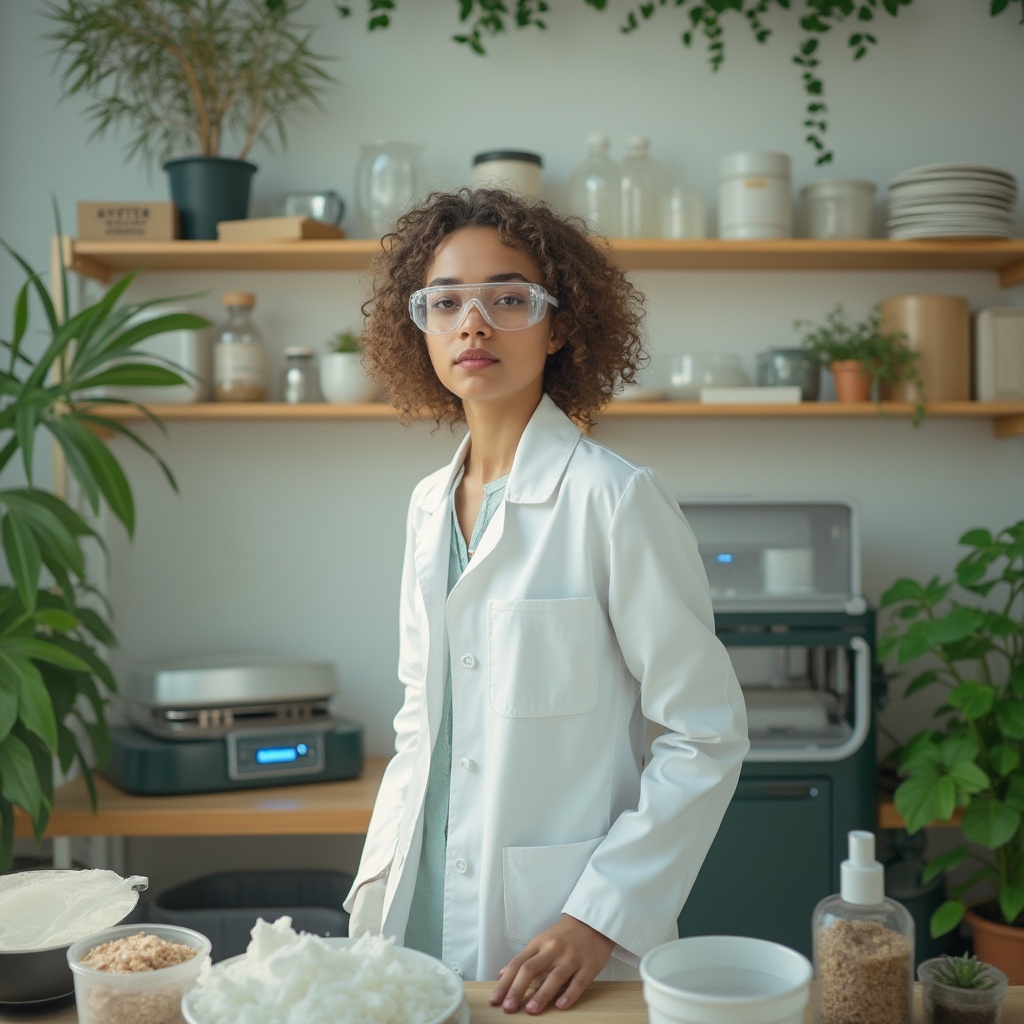 Prompt: Sustainable design concept, eco-friendly, futuristic laboratory, modern scientist, wearing a white lab coat, goggles, curly brown hair, minimal makeup, standing, surrounded by recycling bins, plastic waste, 3D printer, various materials, green plants, natural light, warm tone, shallow depth of field, educational, informative, minimalist composition, softbox lighting.