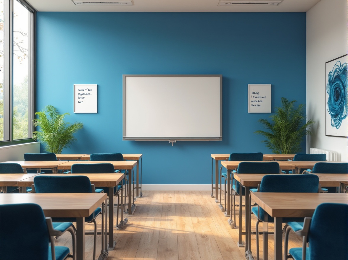 Prompt: Educational space, modern classroom, blue accent wall, inspirational quotes, minimalistic desks, ergonomic chairs, blue velvet pillows, wooden floor, large windows, natural light, green plants, abstract blue artwork, motivational posters, calm atmosphere, warm lighting, 3/4 composition, panoramic view.