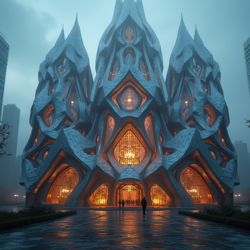 Prompt: Metabolism style church, futuristic architecture, unique geometric shape, gleaming metallic exterior, intricate details, stained glass windows, grand entrance, symmetrical composition, low-angle shot, dramatic lighting, vibrant colors, abstract patterns, industrial materials, urban landscape, cityscape, evening atmosphere, misty fog, soft focus, cinematic mood.