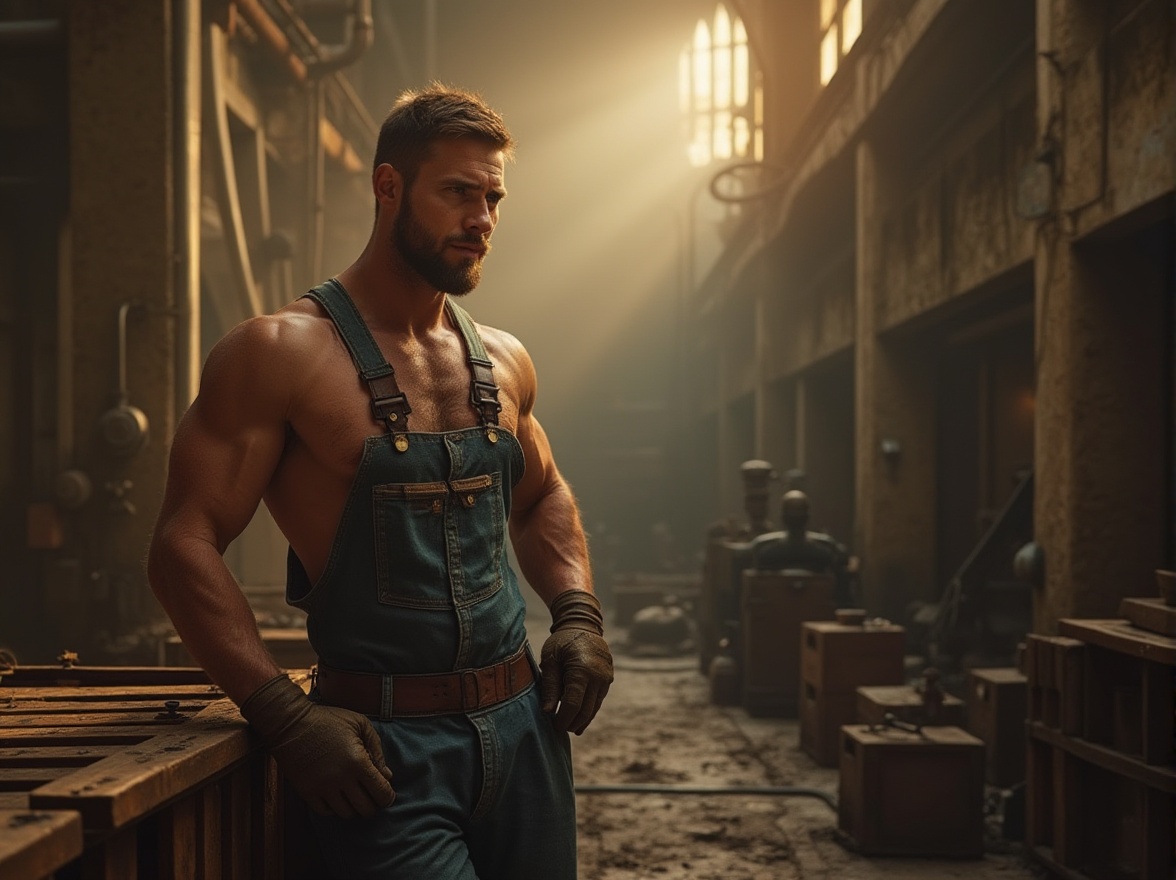 Prompt: Industrial area, warm wheat color tone, rusty metal pipes, worn concrete walls, dimly lit atmosphere, soft misty fog, abandoned factories, old machinery, wooden crates, scattered tools, worn leather gloves, faded denim overalls, strong male worker, muscular arms, rough hands, serious expression, standing, leaning on a crate, looking away, warm sunlight filtering through windows, high angle shot, cinematic composition, gritty texture, realistic ambiance.