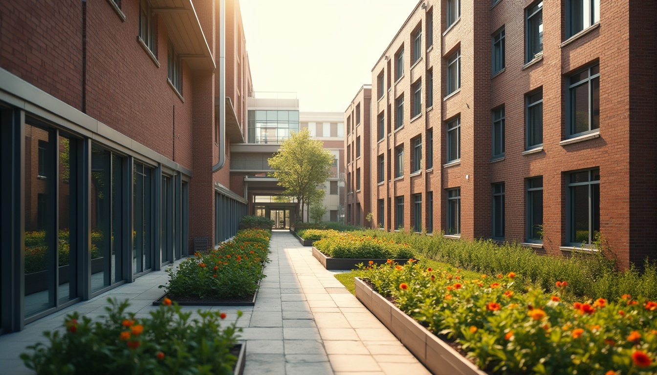 Prompt: Modern high school, streamline architecture, brick material, clean lines, minimalist design, large glass windows, steel frames, wooden accents, courtyard with lush greenery, vibrant flower beds, subtle texture, natural light pouring in, shallow depth of field, warm afternoon sunlight, 3/4 composition, symmetrical framing, soft focus on background, high dynamic range, sharp details on bricks and metal frames.