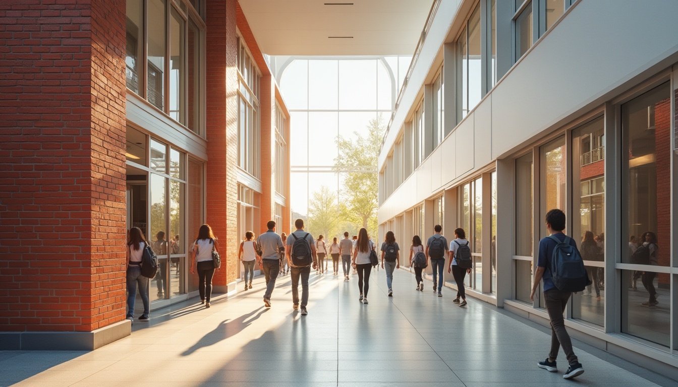 Prompt: Modern high school, streamline architecture, brick material, red brick walls, white window frames, sleek lines, minimalist design, geometric shapes, natural light pouring in through large windows, students walking in hallways, backpacks, casual wear, energetic atmosphere, morning sunlight, soft shadows, 3/4 composition, warm color tone, realistic texture, ambient lighting.