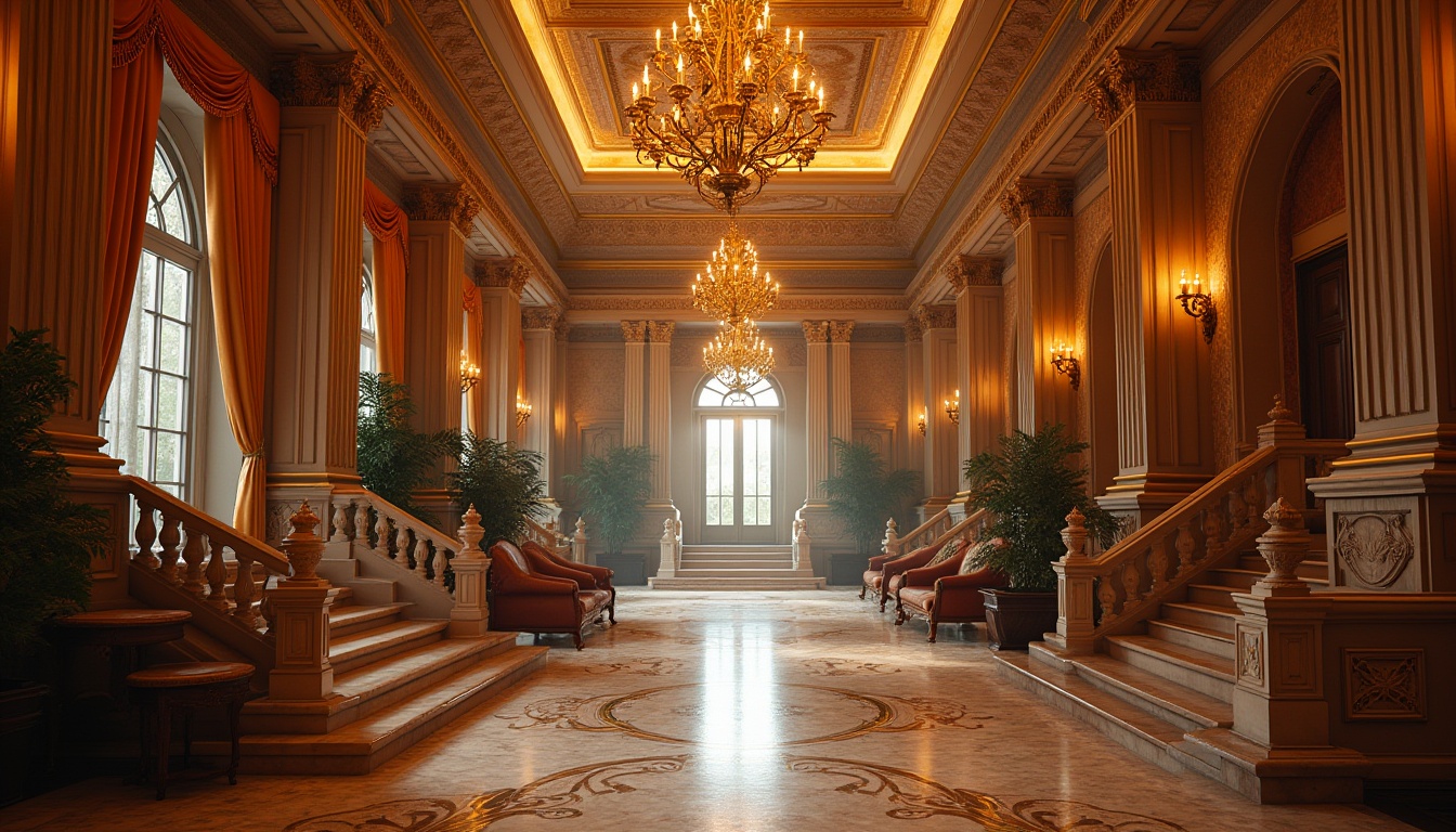 Prompt: Luxurious hotel lobby, Renaissance style, grand staircase, intricate stone carvings, ornate chandeliers, marble floors, tall columns, vaulted ceiling, warm golden lighting, rich velvet drapes, antique furniture, lavish decorations, elegant atmosphere, warm color palette, inviting ambiance, soft focus, shallow depth of field, cinematic composition, high-end hospitality.