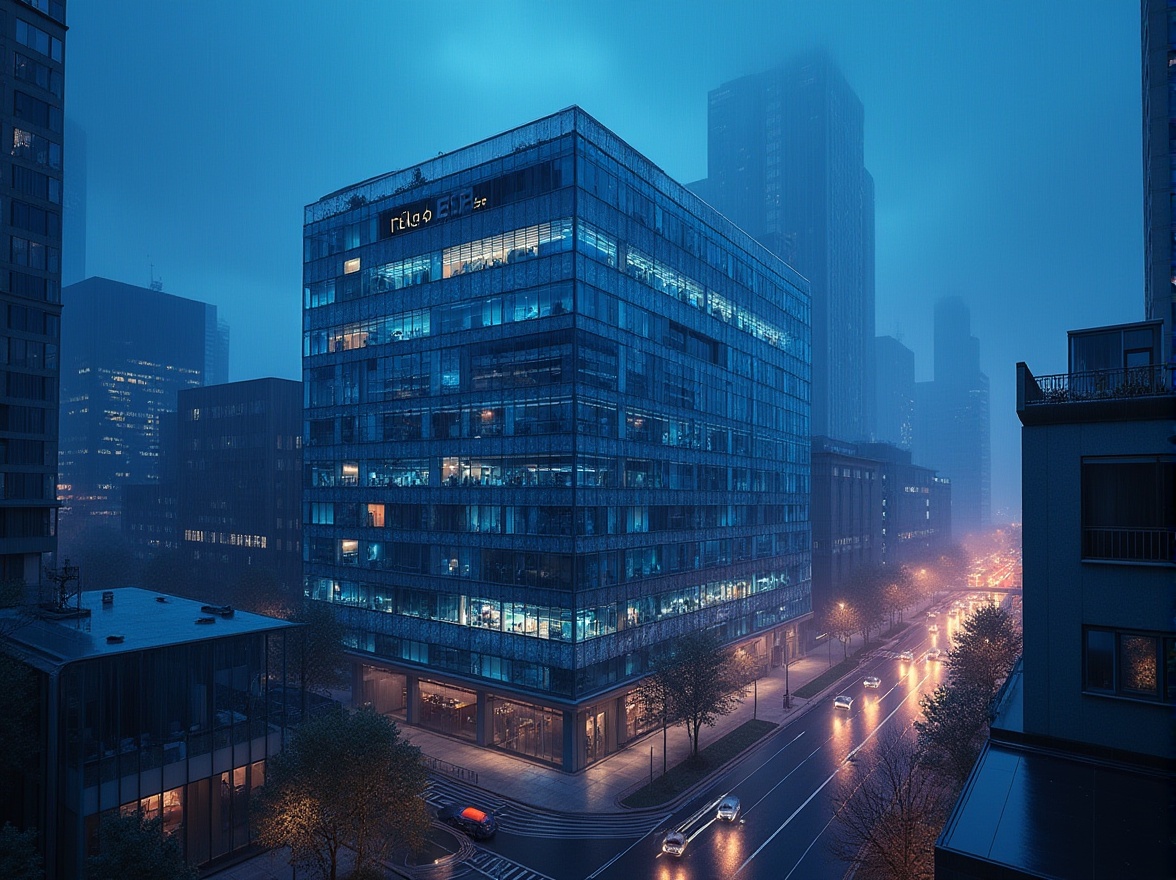 Prompt: Indigo-colored building, modern architecture, urban cityscape, nighttime scene, LED lights reflecting off indigo glass facade, sleek lines, metallic accents, geometric shapes, complex structure, rooftop garden, skyscraper, downtown area, busy streets, blurred car lights, rainy atmosphere, misty background, warm ambient lighting, cinematic composition, low-angle shot.