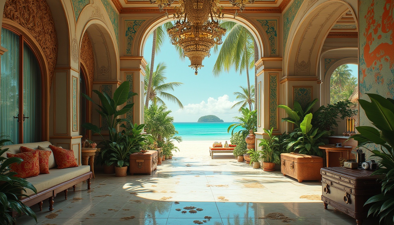 Prompt: Island, Art Deco inspiration, luxurious villa, tropical plants, palm trees, white sandy beach, crystal clear turquoise water, sun-kissed, morning light, intricate geometric patterns, ornate metalwork, lavish decorations, bold colorful murals, glamorous furnishings, lavish chandeliers, curved lines, opulent textures, metallic accents, vintage cameras, old-fashioned luggage, exotic flowers, lush greenery, seashell pathways, ocean breeze, warm sunny day, 3/4 composition, soft focus, cinematic lighting.