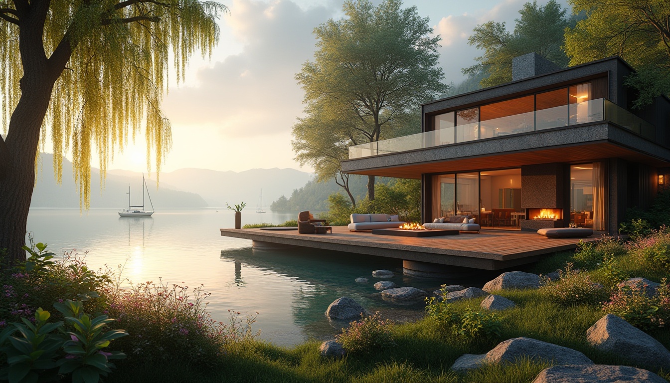 Prompt: Lakefront villa, modern architecture, large windows, wooden decks, surrounded by lush greenery, tall trees, weeping willows, blooming flowers, serene lake views, misty morning, soft golden light, reflection of trees on calm water, few sailboats, distant mountains, peaceful atmosphere, warm ambient lighting, natural materials, stone walls, wooden floors, minimalist interior design, large fireplace, comfortable sofas, scenic outdoor seating area, sunset time, panoramic view.