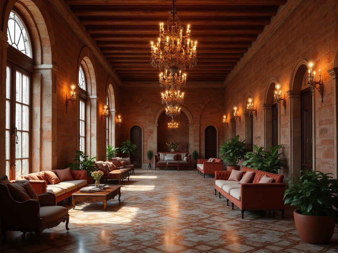 Prompt: Renaissance hotel, luxurious interior, brick material, earthy tone, rustic texture, grand chandelier, ornate furniture, velvet upholstery, marble floor, detailed arches, stained glass windows, warm ambient lighting, soft focus, 3/4 composition, inviting atmosphere, elegant decor.