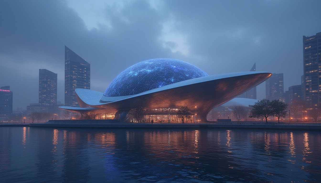 Prompt: Riverbank planetarium, streamline moderne style, futuristic architecture, curved lines, silver metallic exterior, large glass dome, starry night sky projection, celestial bodies display, 3/4 composition, low-angle shot, riverside location, cityscape background, skyscrapers, urban landscape, evening ambiance, soft lighting, misty atmosphere, water reflections, ripples on the river surface.