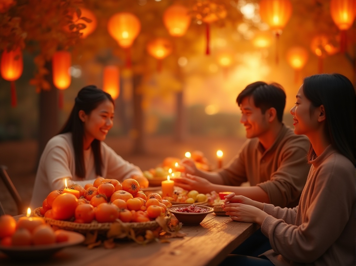 Prompt: Warm persimmon color, vibrant orange hue, cozy atmosphere, autumn season, harvest festival, traditional lanterns, rustic wooden tables, woven baskets filled with fruits, family gathering, smiling faces, gentle candlelight, soft focus, warm lighting, shallow depth of field, sense of togetherness, community bonding, nostalgic feeling, serene background, peaceful ambiance.