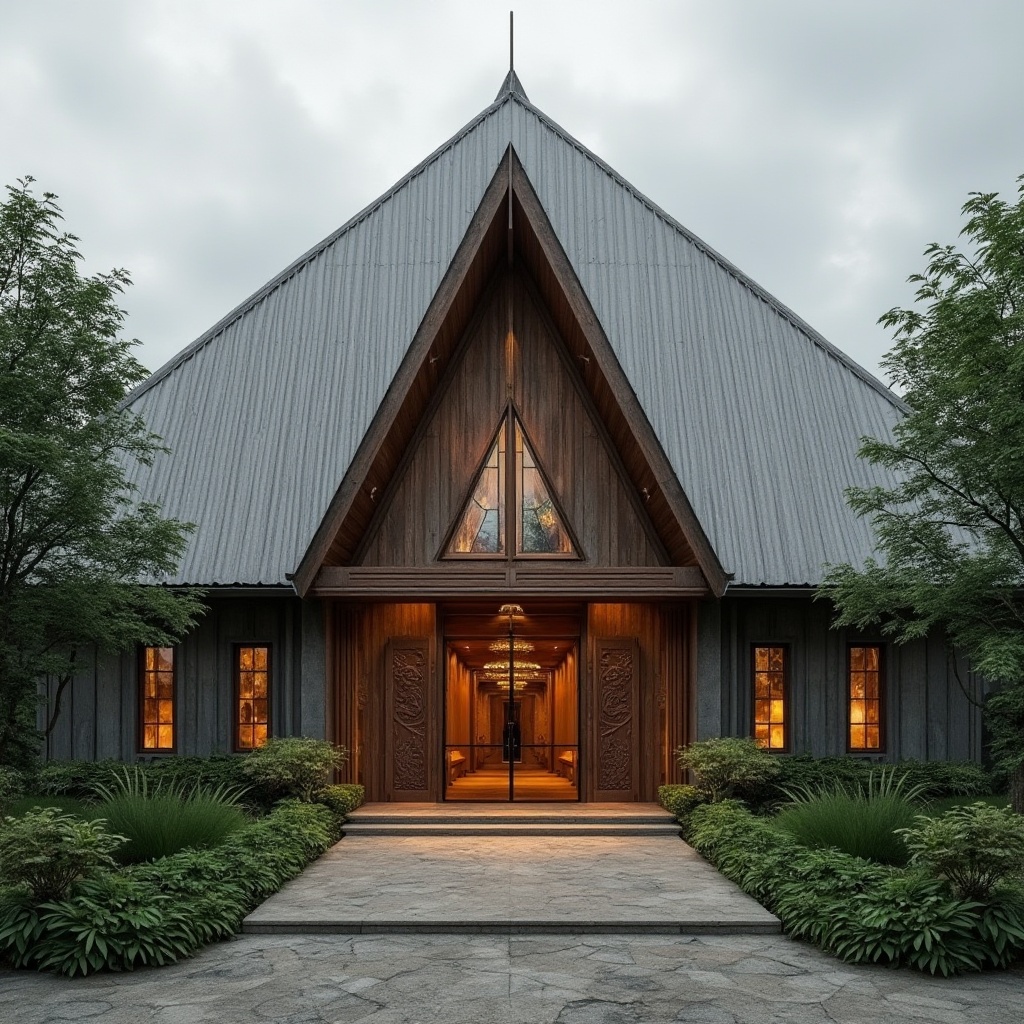 Prompt: Modern church, corrugated iron roofing, industrial chic, rustic exterior walls, stained glass windows, grand entrance doors, intricately carved wooden accents, lush greenery surrounding, overcast sky, soft natural light, dramatic shadows, symmetrical composition, high-angle shot, warm earthy tones, minimalist decor, sleek lines, abstract textures.