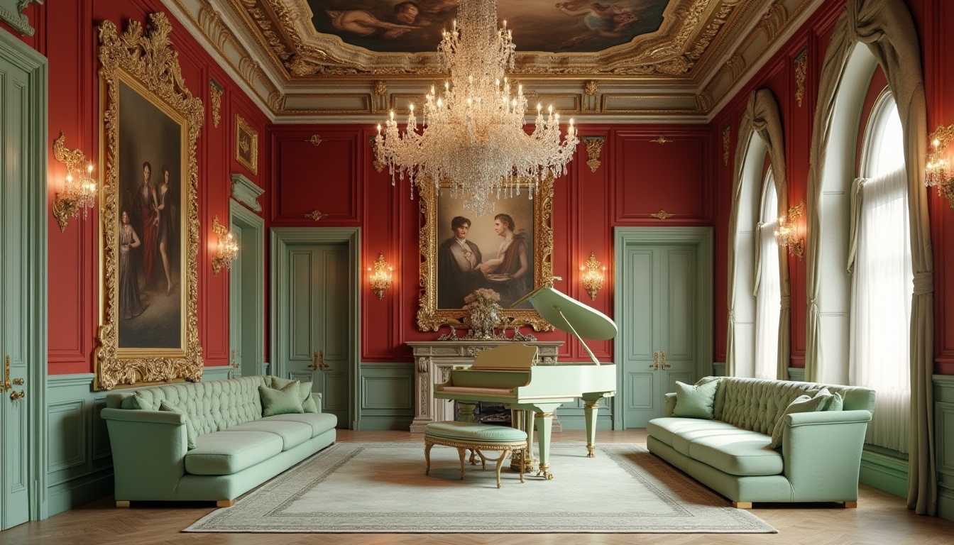 Prompt: Mint color accents, luxurious modern Renaissance design, ornate gold frame, intricate carvings, soft mint green velvet upholstery, regal crimson red walls, majestic crystal chandelier, grand piano, lavish drapery, opulent fresco ceiling, baroque architecture, 3/4 composition, warm softbox lighting, cinematic ambiance.