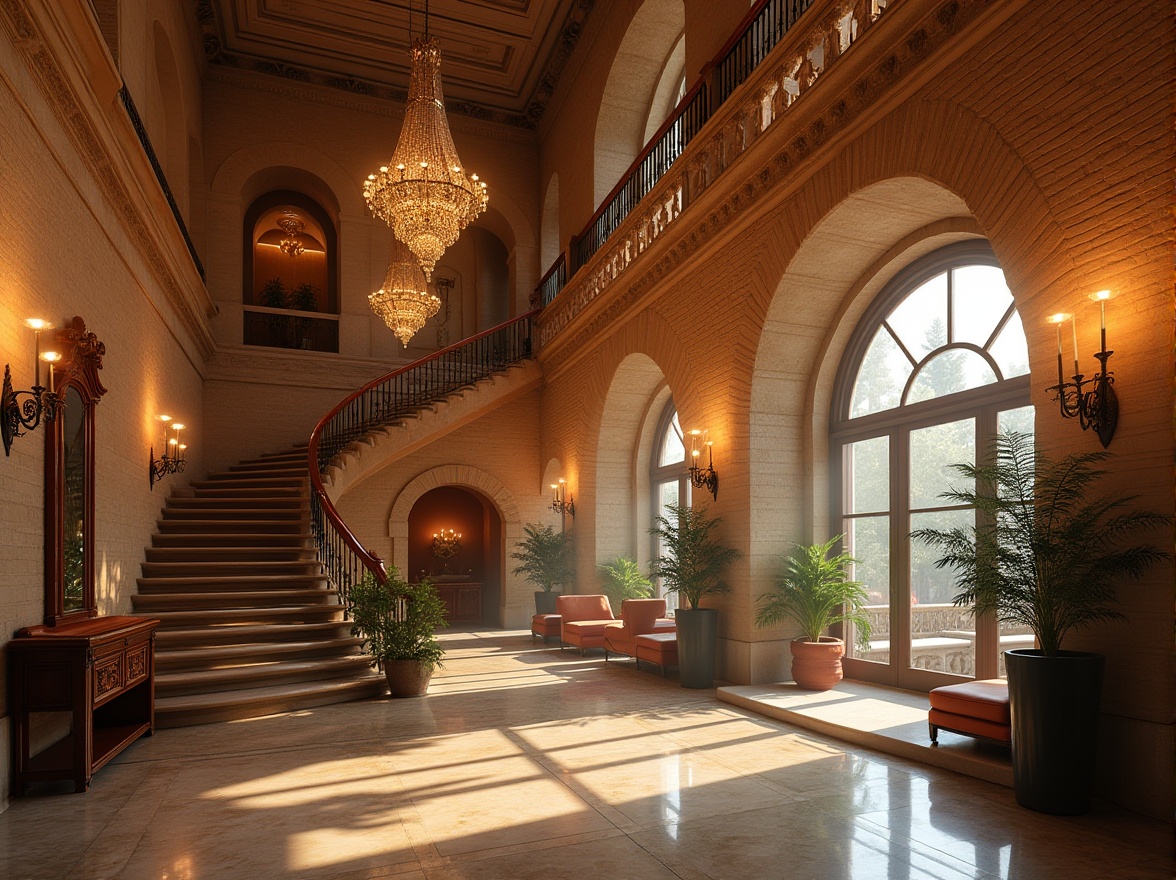 Prompt: Renaissance hotel lobby, grand staircase, brick walls, arches, columns, warm beige color tone, luxurious chandeliers, velvet sofas, wooden furniture, intricate carvings, ornate mirrors, marble floors, dimmed soft lighting, afternoon sunbeam streaming through tall windows, 3/4 composition, shallow depth of field, atmospheric perspective, warm and inviting ambiance.