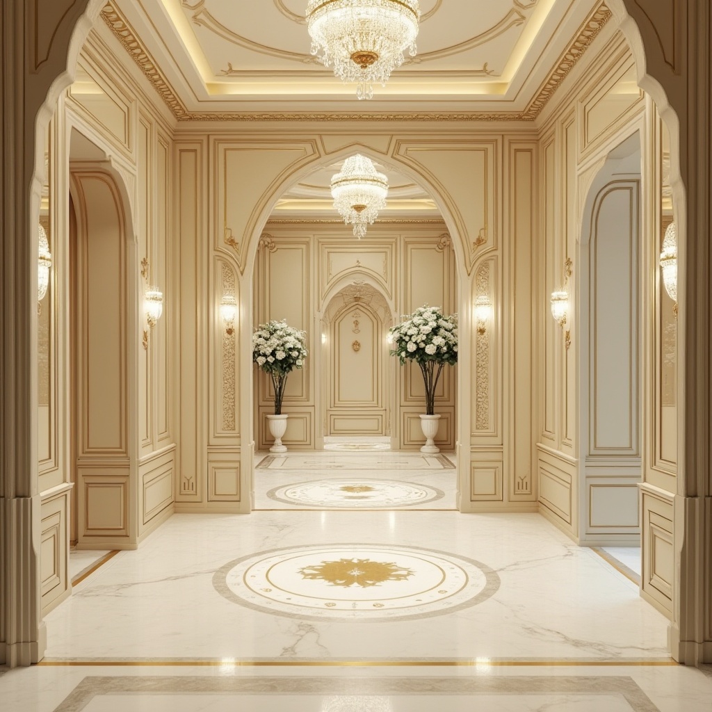 Prompt: Cream color, luxurious, art deco style, ornate patterns, geometric shapes, metallic accents, glamorous, sophisticated, 1920s inspired, vintage, elegant, refined, opulent, marble floors, crystal chandeliers, velvet fabrics, intricate moldings, curved lines, symmetrical composition, soft warm lighting, high-end interior design, upscale ambiance.