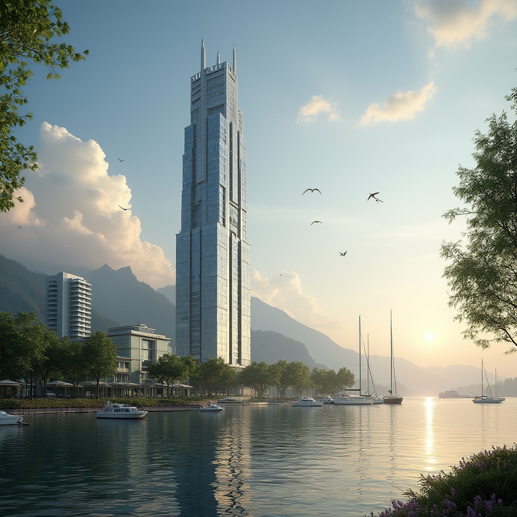 Prompt: Lakefront skyscrapers, modern architecture, sleek glass facade, silver metallic accents, lush greenery, trees surrounding base, flowers blooming in planters, calm lake waters reflecting building's image, sailboats docked nearby, seagulls flying overhead, warm sunset light casting long shadows, gentle mist rising from water surface, distant mountains fading into horizon, 3/4 composition, panoramic view, realistic lighting, cinematic atmosphere.