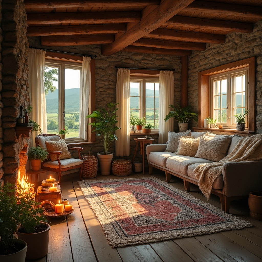 Prompt: Cozy cottage, rural design, inviting atmosphere, natural materials, wooden beams, stone walls, vintage furniture, comfortable sofa, fluffy throw blanket, warm lighting, candles, fireplace, rustic decorations, potted plants, woven baskets, natural fabrics, earthy tones, soft textures, calming ambiance, serene landscape, rolling hills, green pastures, sunny afternoon, gentle breeze, peaceful surroundings, 3/4 composition, warm color palette, cinematic mood.