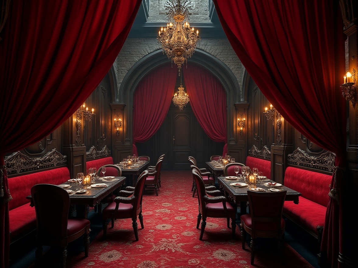 Prompt: Dark gothic restaurant interior, luxurious velvet drapes, heavy ornate wooden tables, intricately carved wooden chairs with red upholstery, mysterious candelabras, grand chandelier, stone walls, dim warm lighting, richly textured red carpet, lavish decorations, mysterious ambiance, Renaissance-inspired furniture, luxurious Gothic-style banquettes, dark wood paneling, ornate metal accents, mysterious shadows, dramatic lighting, eerie atmosphere.