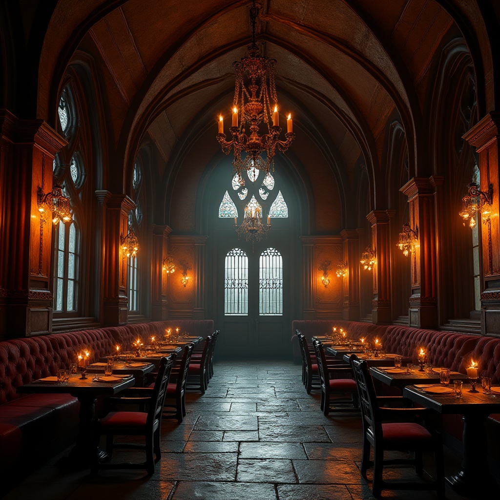 Prompt: Gothic style restaurant interior, dimly lit, mysterious ambiance, corrugated metal walls, vaulted ceiling, stone floor, medieval-inspired furniture, ornate wooden chairs, red velvet curtains, candelabras, grand chandelier, luxurious atmosphere, dark wood accents, intricate carvings, pointed arches, stained glass windows, heavy iron doors, mysterious shadows, warm golden lighting, cinematic composition, high contrast, dramatic flair.