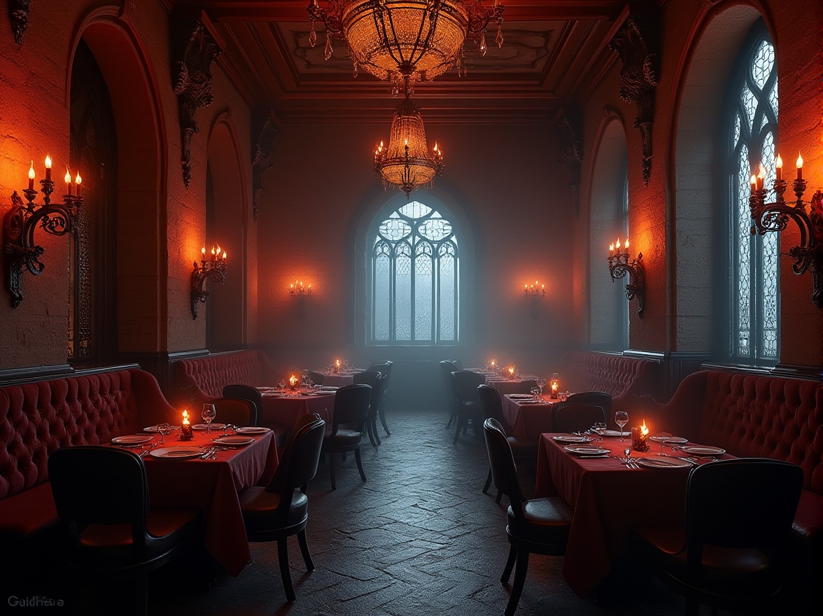 Prompt: Gothic style restaurant, mysterious atmosphere, grand chandelier, dim red lighting, stone walls, dark wooden furniture, luxurious velvet curtains, ornate metal decorations, stained glass windows, eerie ambiance, candlelit tables, skull motifs, mysterious branding, ancient typographic logos, Victorian-era inspired packaging, dark color scheme, mysterious chef, medieval costumes, serving staff in black attire, mysterious food presentation, Gothic-inspired dish names, dimly lit bar, spooky cocktail names, haunted mansion setting, foggy mist surrounding the restaurant.