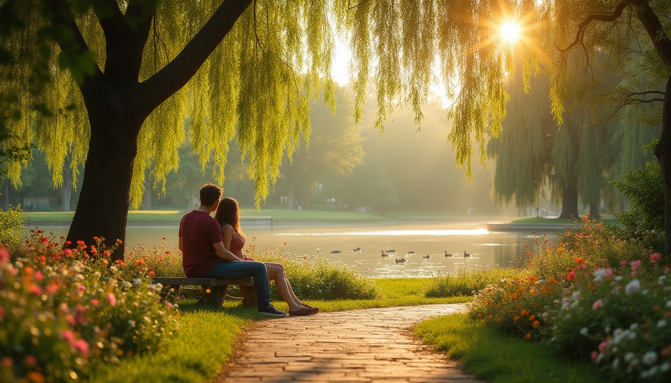 Prompt: Romantic campus scene, warm sunlight filtering through leafy trees, lush green grass, vibrant wildflowers blooming in various colors, winding stone path, wooden benches surrounded by flowers, couple sitting together, holding hands, smiling, gentle facial expressions, soft hair, casual clothing, comfortable posture, relaxed atmosphere, natural setting, tranquil lake or pond in the background, majestic willow tree branches stretching over water, ducks swimming peacefully, warm and soft ambient lighting, 3/4 composition, panoramic view.