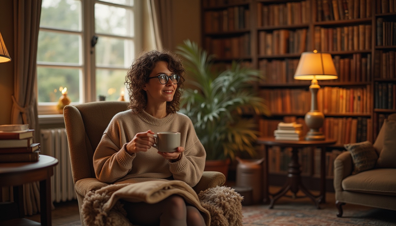 Prompt: Cozy library, warm coffee colors, wooden bookshelves, comfortable reading nooks, soft cushions, warm lighting, inviting atmosphere, mature lady, 30yo, curly brown hair, glasses, gentle smile, holding a cup of hot coffee, sitting on a plush armchair, surrounded by stacks of old books, leather-bound tomes, worn wooden tables, vintage lamps, soft carpet flooring, warm beige walls, natural light pouring through large windows, calm and peaceful ambiance, shallow depth of field, realistic rendering.