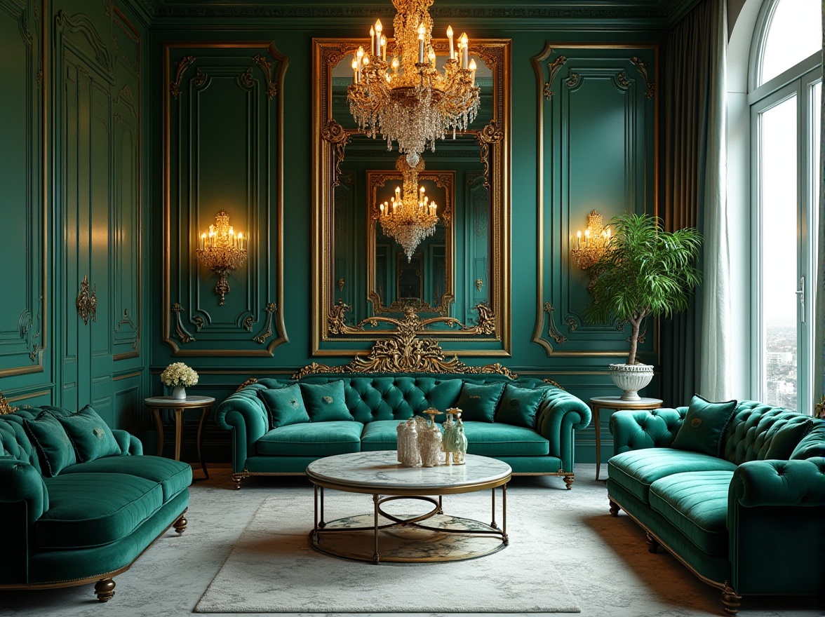 Prompt: Luxurious interior design, malachite green walls, ornate gold frames, velvet sofas, tufted upholstery, marble coffee tables, crystal chandeliers, floor-to-ceiling windows, cityscape views, daytime soft natural light, warm ambient atmosphere, 3/4 composition, shallow depth of field, high-end modern decor, lavish lifestyle.