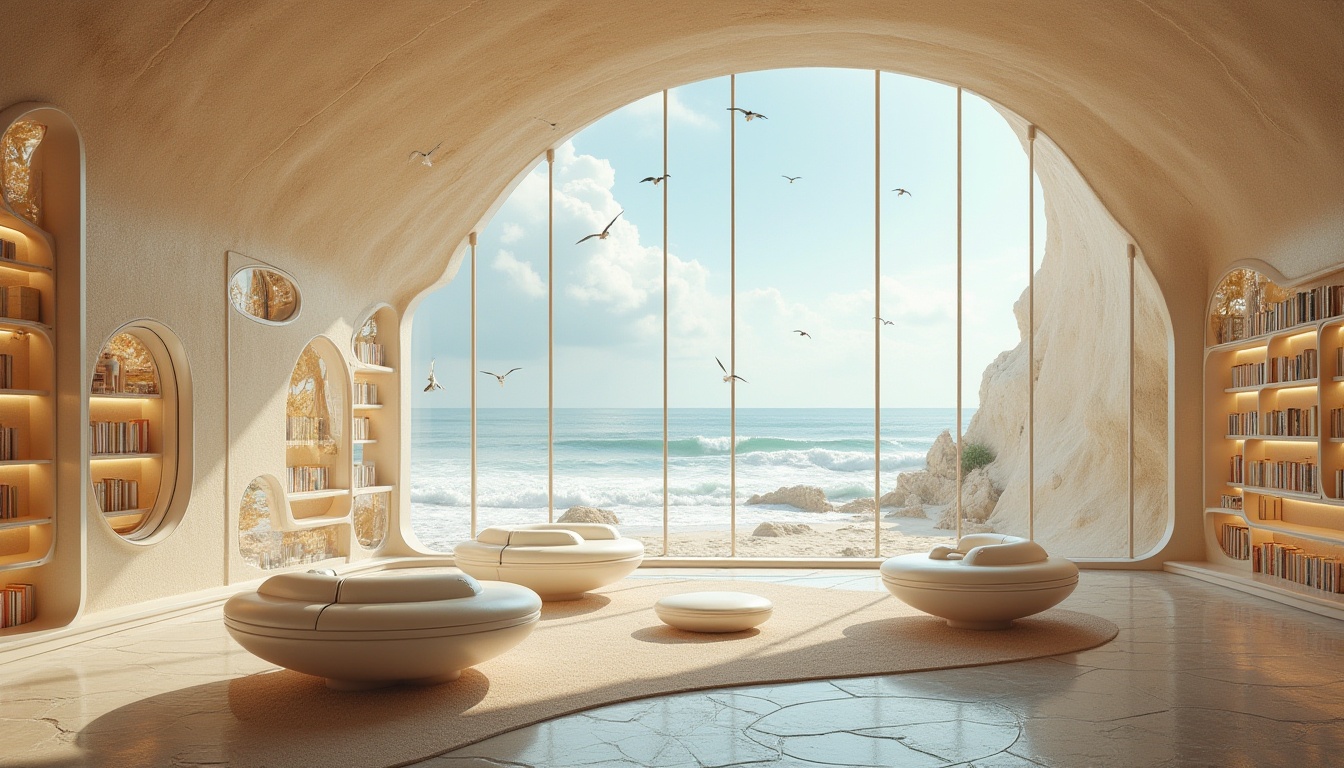 Prompt: Futuristic coastal library, embracing sand materials, curved architecture, transparent glass walls, minimalist interior design, sandy beige color scheme, floor-to-ceiling shelves, futuristic reading pods, holographic book displays, soft warm lighting, comfortable seating areas with sand-inspired furniture, ocean views, waves crashing in the distance, seagulls flying overhead, cloudy blue sky, 3/4 composition, panoramic view, depth of field, ambient occlusion, cinematic rendering.