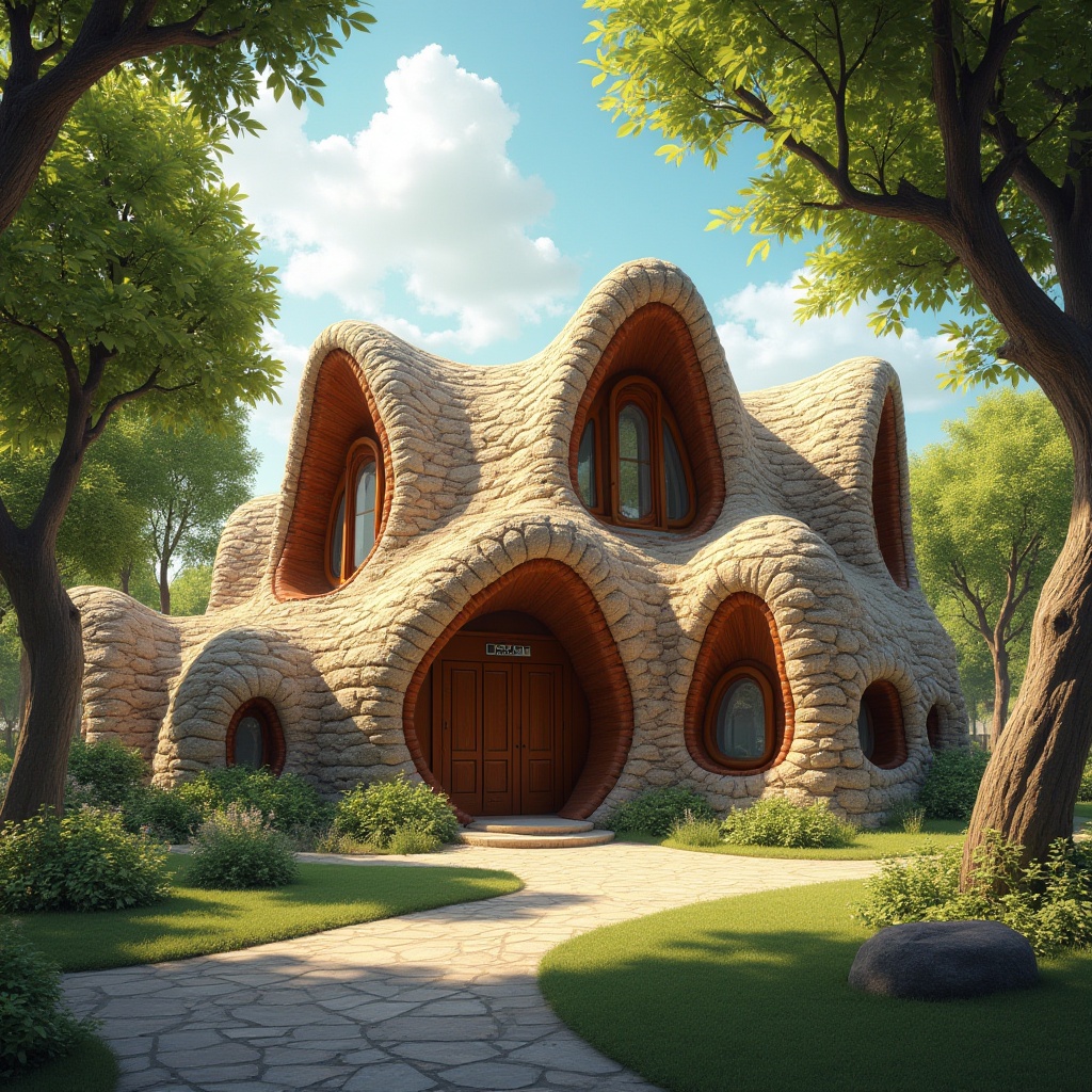 Prompt: Organic architecture, middle school, curved lines, earthy tones, brick material, rugged texture, natural blending, surrounding trees, lush greenery, wooden accents, stone foundation, asymmetrical structure, irregular shapes, vibrant colors, playful atmosphere, warm lighting, dynamic composition, low-angle shot, dramatic shadows.