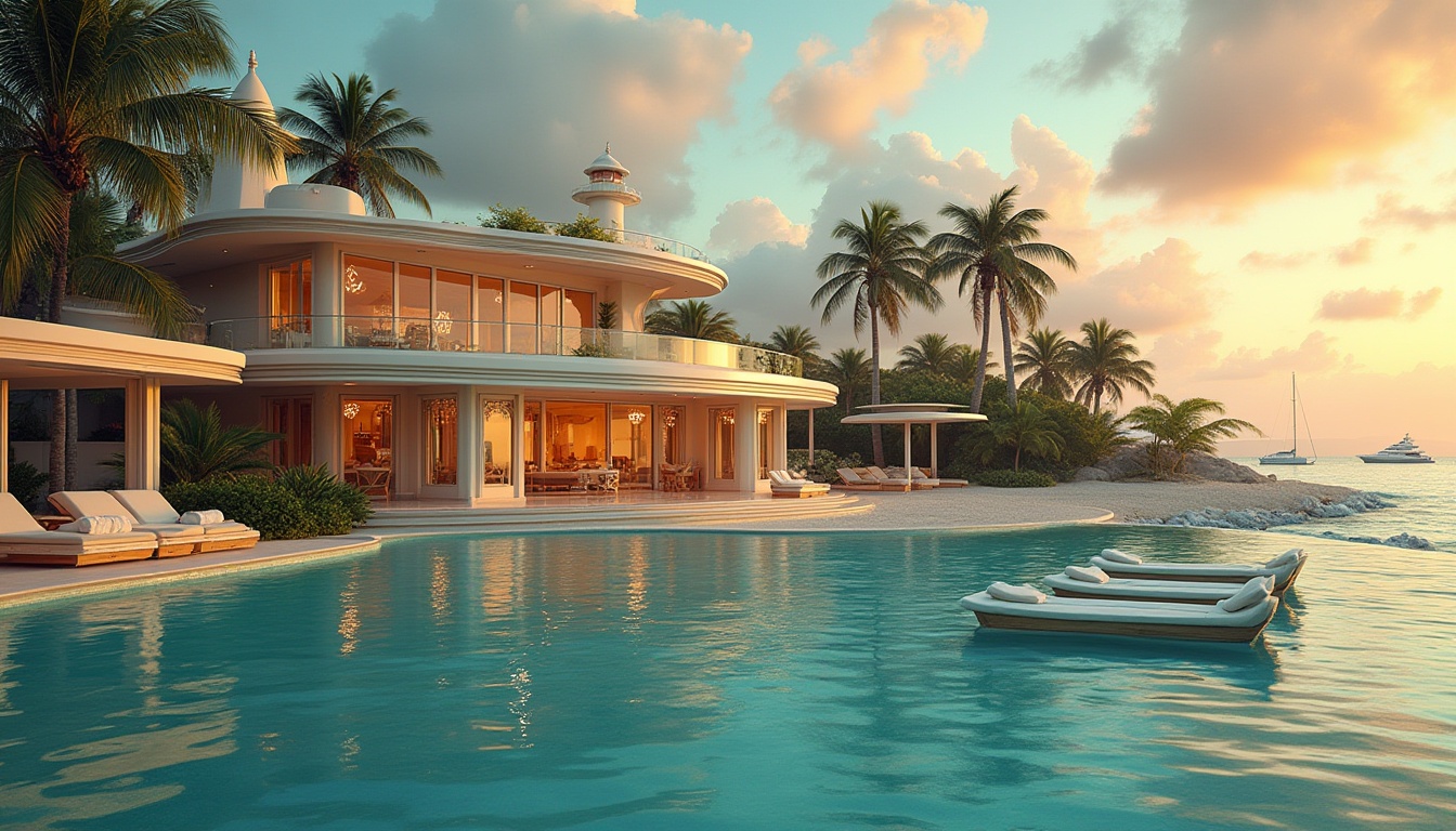 Prompt: Art Deco island, luxurious villa, palm trees, white sandy beach, crystal clear turquoise water, sailboats, yachts, seaplanes, lighthouse, grand staircase, ornate metalwork, geometric patterns, bold colors, glamorous decorations, lavish furnishings, opulent chandeliers, curved lines, zigzag motifs, sunken lounge chairs, luxurious poolside, sunset time, warm golden light, soft misty atmosphere, cinematic composition, 3/4 view, panoramic shot.