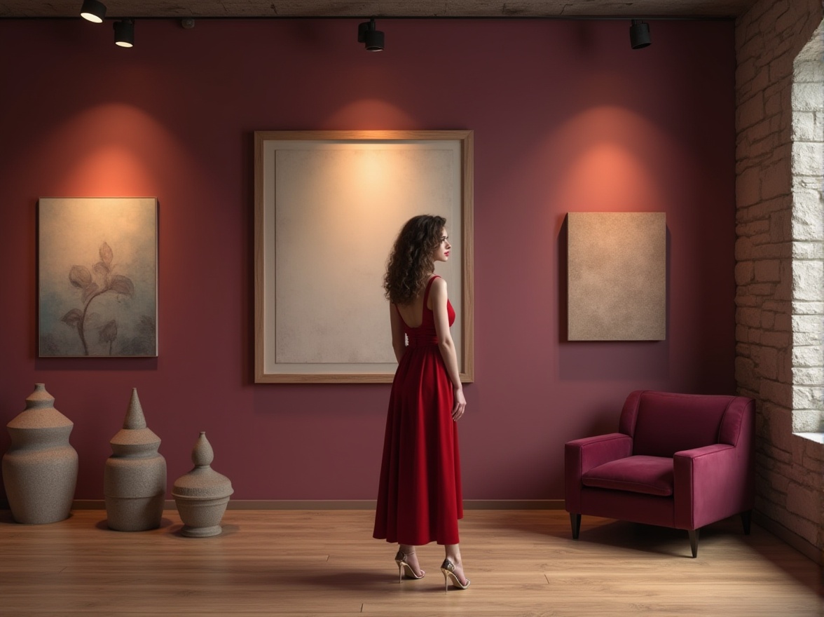 Prompt: Plum accent wall, modern art gallery, elegant lady, 30s, curly brown hair, subtle makeup, high heels, red dress, standing, admiring artwork, softbox lighting, warm atmosphere, wooden floor, minimal decoration, plum-colored velvet couch, abstract oil paintings, geometric sculptures, natural stone walls, urban loft, panoramic view, 3/4 composition, shallow depth of field.