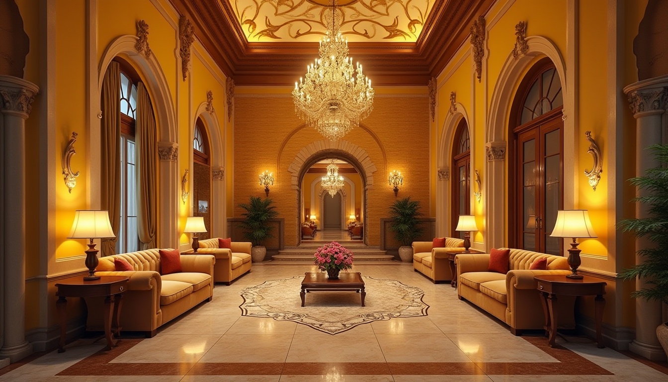 Prompt: Renaissance hotel lobby, luxurious interior design, warm yellow brick wall, ornate arches, grand chandelier, soft velvet sofas, marble floors, wooden furniture, intricate carvings, warm lighting, atmospheric ambiance, classic European style, ornate decorations, rich textures, 3/4 composition, shallow depth of field, warm color tone, soft focus.