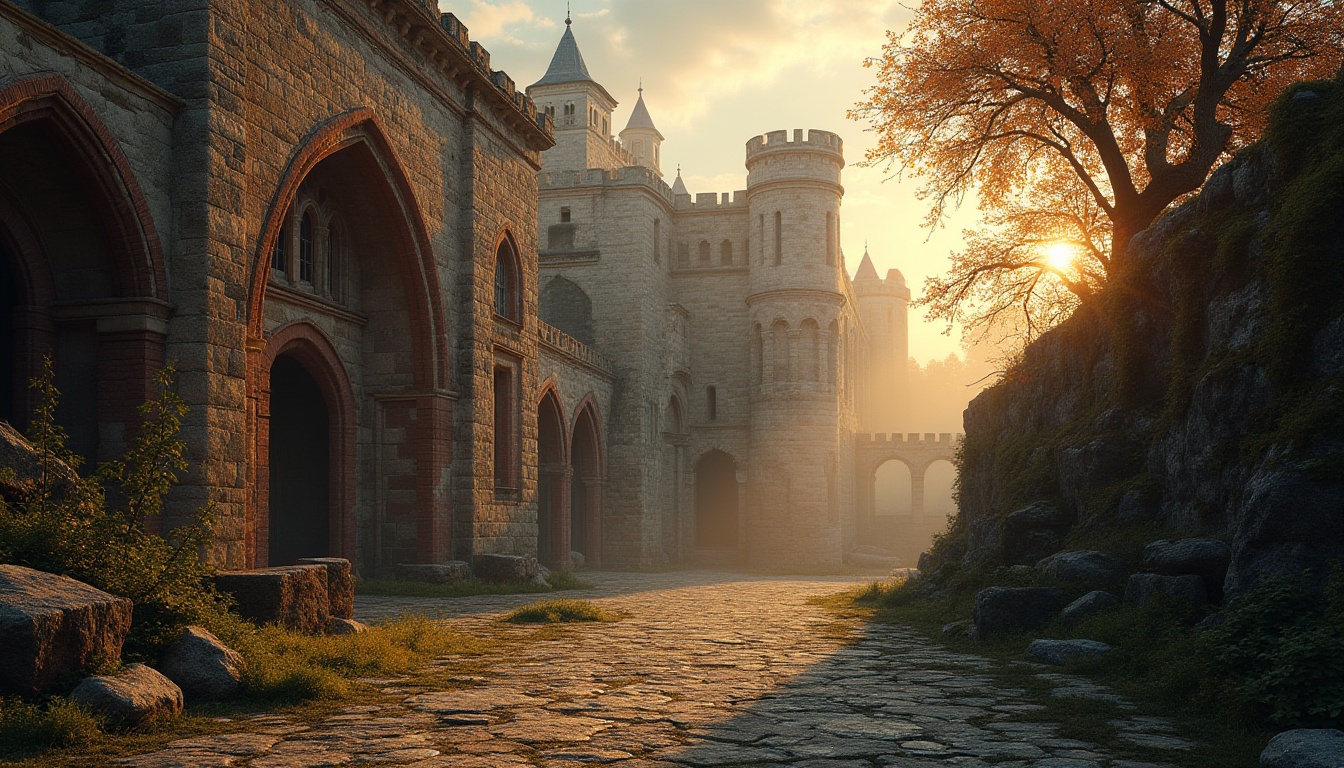 Prompt: Romanesque architecture, medieval setting, stone buildings, grandiose arches, ornate carvings, rough-hewn stones, rusty red brick walls, weathered granite blocks, moss-covered ruins, overgrown vines, ancient trees, dramatic backlighting, warm golden hour lighting, atmospheric mist, 3/4 composition, low-angle shot.