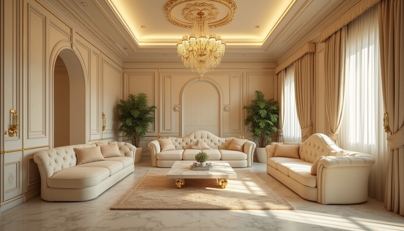 Prompt: Cream color, art deco style, luxurious interior, ornate patterns, geometric shapes, metallic accents, glamorous chandelier, velvet sofa, marble coffee table, vintage rug, lavish curtains, opulent wallpaper, 1920s inspired, high-end decor, sophisticated ambiance, warm soft lighting, cinematic composition, shallow depth of field.