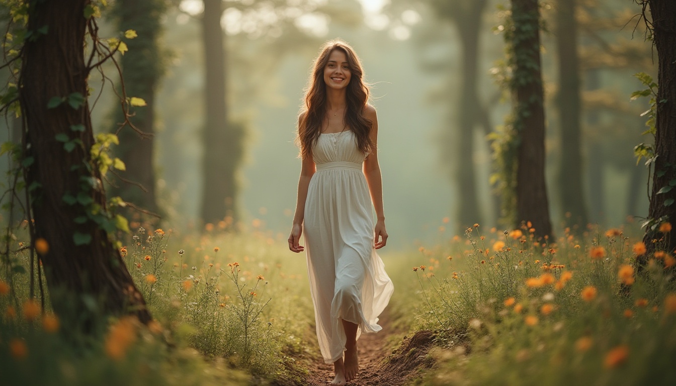 Prompt: woman, 25yo, gentle smile, wavy brown hair, earthy tone makeup, flowy white dress, barefoot, standing, one leg bent, forest, tall trees, vines entwined, wildflowers blooming, misty atmosphere, soft warm light, panoramic view, depth of field, cinematic composition, bokeh effect, shallow focus, natural scenery, peaceful ambiance.