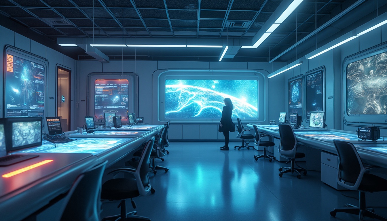 Prompt: Immersive experience, futuristic setting, high-tech lab, minimalistic interior, sleek lines, neon lights, interactive screens, VR headsets, futuristic chairs, metallic surfaces, glass tables, abstract art pieces, dim ambient lighting, shallow depth of field, cinematic composition, 3/4 view, low-angle shot.