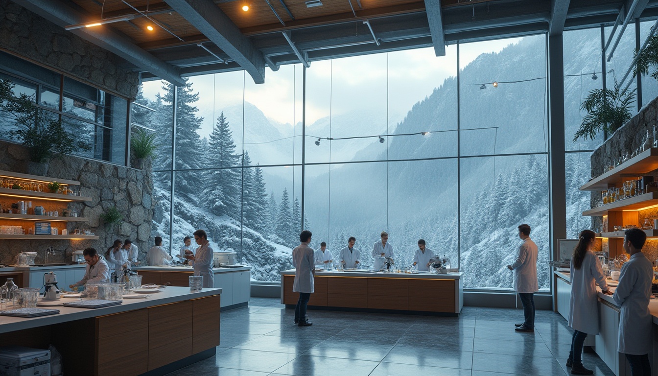 Prompt: Mountainous laboratory, modern architecture, steel framework, large glass windows, snow-covered roof, surrounded by tall pine trees, misty fog rolling in, rugged stone exterior walls, warm interior lighting, wooden accents, futuristic equipment, sleek countertops, scientists in white lab coats, goggles, gloves, microscopes, petri dishes, various scientific instruments, mountain peaks visible through windows, cloudy sky, soft natural light, cinematic composition, realistic textures, ambient occlusion.