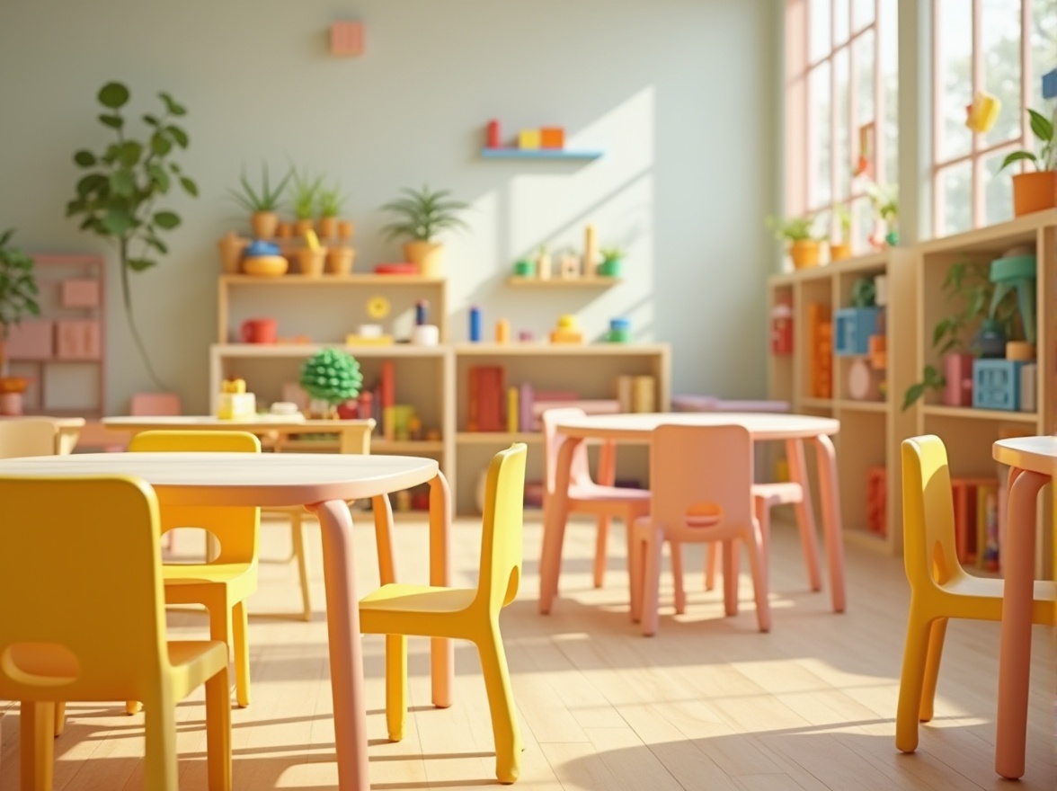 Prompt: Colorful kindergarten interior, plastic tables, rounded edges, bright yellow chairs, soft pink stools, toy shelves made of translucent plastic, building blocks with smooth surface, educational toys with different textures, LEGO-inspired walls, modern minimalist design, natural light pouring in through large windows, green plants on shelves, wooden flooring, soft pastel colors, playful atmosphere, shallow depth of field, warm lighting, 3/4 composition, kid's perspective.