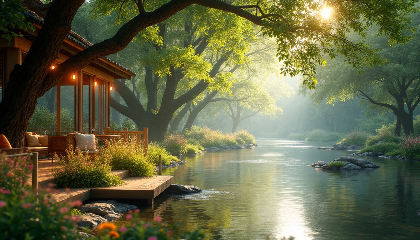 Prompt: Riverbank design, harmony with nature, serene atmosphere, lush greenery, overhanging trees, vibrant wildflowers, gentle river flow, soft sunlight filtering through leaves, tranquil water reflections, wooden dock, natural stone path, woven bamboo fence, comfortable outdoor seating, lantern-style lighting, warm and cozy ambiance, shallow depth of field, cinematic composition, 3/4 view, soft focus on background, warm color palette.