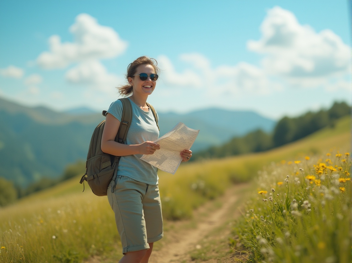 Prompt: Tourist, happy smile, casual outfit, sunglasses, holding map, backpack, walking, scenic viewpoint, rolling hills, lush green grass, blooming wildflowers, sunny day, clear blue sky, fluffy white clouds, panoramic view, 3/4 composition, warm lighting, cinematic atmosphere.