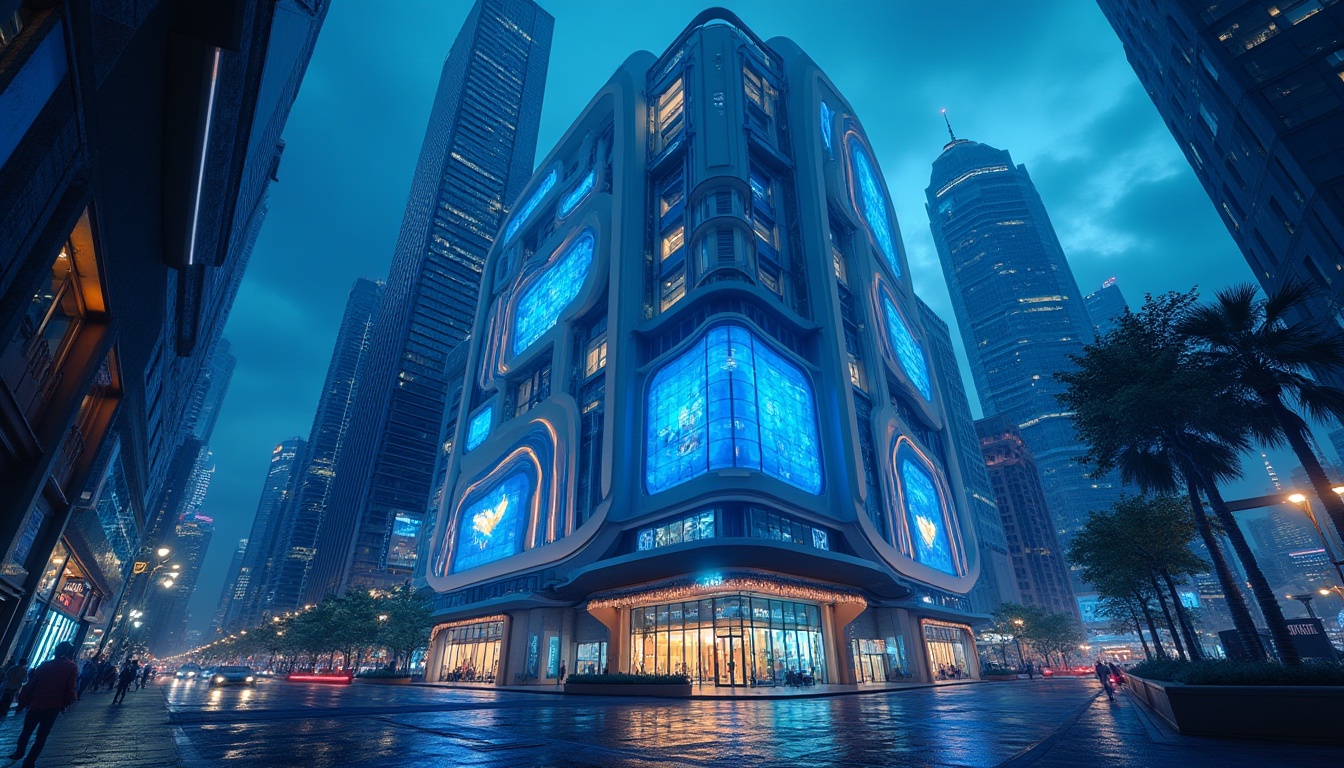 Prompt: Indigo building, futuristic architecture, sleek lines, metallic materials, glass façade, indigo-tinted windows, neon lights, urban cityscape, night view, bustling streets, modern skyscrapers, abstract composition, low-angle shot, dramatic lighting, cinematic atmosphere.