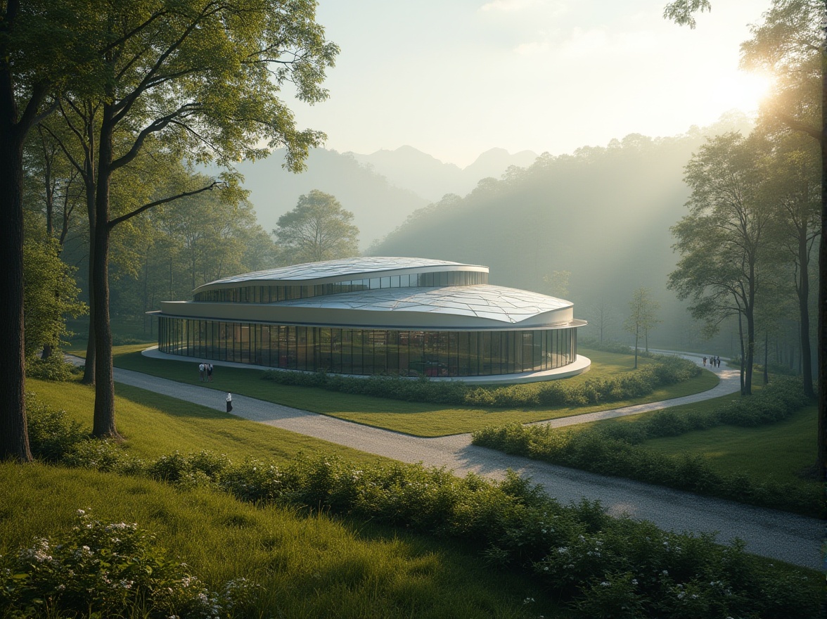 Prompt: Valley research center, modern architecture, curved lines, glass facade, steel structure, surrounded by lush greenery, tall trees, rolling hills, serene natural environment, soft sunlight filtering through trees, misty morning atmosphere, scenic walking trails nearby, few researchers walking in distance, subtle warm lighting, 3/4 composition, depth of field, cinematic mood.