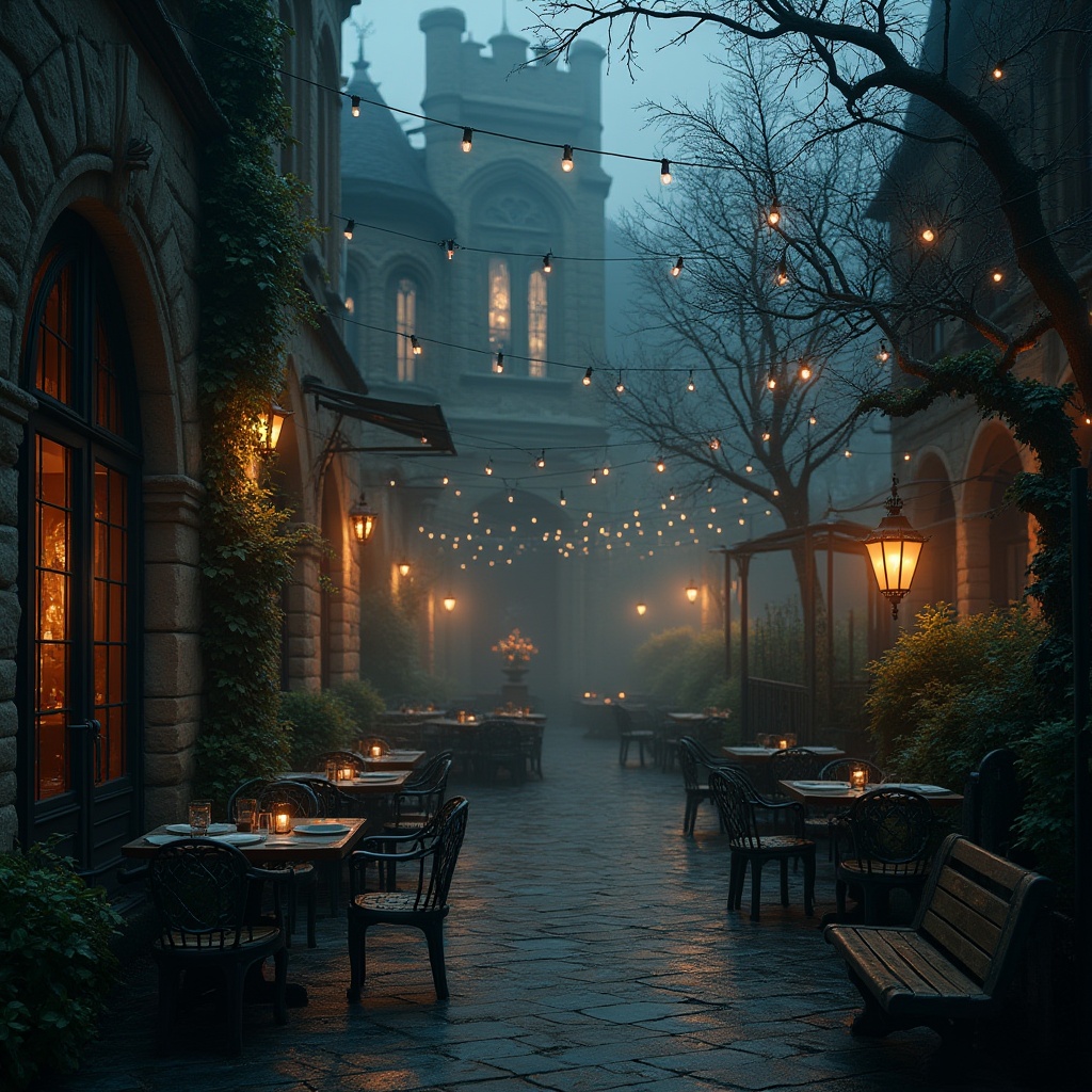 Prompt: Dark academia, gothic style restaurant, outdoor seating area, mysterious misty atmosphere, twinkling string lights, ornate iron fences, overgrown ivy vines, grand stone columns, intricate carvings, worn stone floors, lanterns with flickering candles, eerie silence, abandoned wheelbarrows, forgotten gardening tools, moss-covered benches, ancient trees with twisted branches, foggy night, misty dawn, cinematic lighting, shallow depth of field.