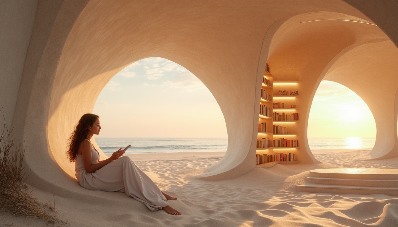 Prompt: Futuristic coastal library, embracing curves, sand-colored walls, floor-to-ceiling windows, minimalist bookshelves, comfortable reading nooks, sandy dunes outside, gentle ocean breeze, warm sunset light, futuristic architecture, sleek lines, metallic accents, holographic displays, augmented reality interfaces, soft ambient lighting, atmospheric mist, beachy atmosphere, elegant mature lady, relaxed posture, long wavy hair, minimal makeup, casual modern clothing, hands holding a futuristic tablet, sitting on a sandy dune, looking out at the ocean.