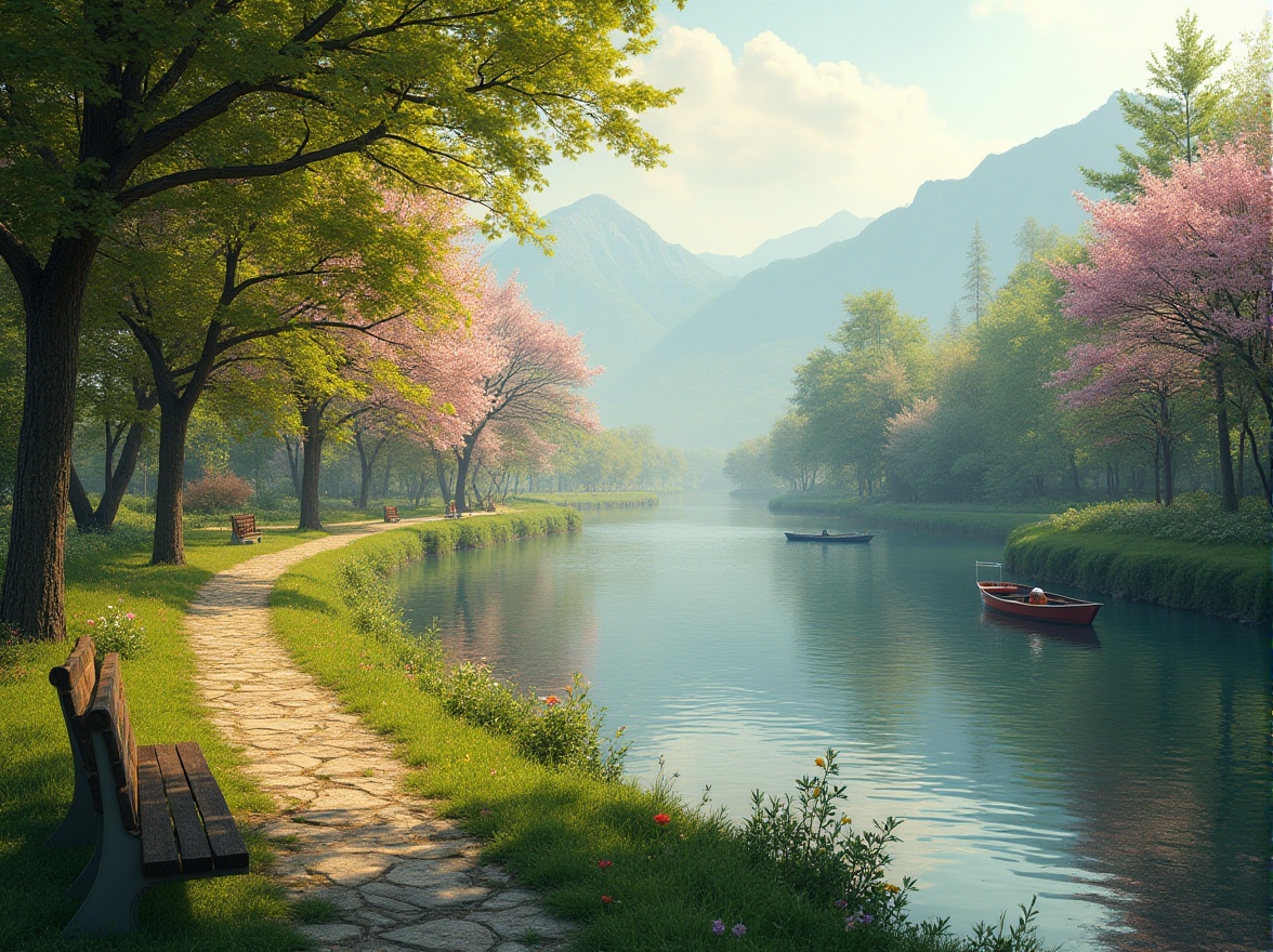 Prompt: Riverbank location, tranquil atmosphere, sunny afternoon, gentle river flow, lush greenery, various trees, blooming flowers, walking path, wooden benches, fishing boats, distant mountains, soft mist, warm natural light, 3/4 composition, panoramic view, realistic texture, detailed environment.