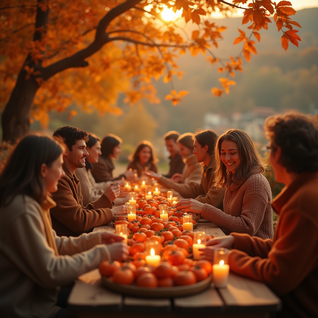 Prompt: Persimmon color, warm orange hue, autumn atmosphere, vibrant foliage, cozy community gathering, harvest festival, rustic wooden tables, woven baskets, abundant seasonal fruits, lanterns aglow, soft candlelight, comfortable sweaters, gentle smiles, happy laughter, scenic village landscape, rolling hills, golden hour lighting, shallow depth of field.