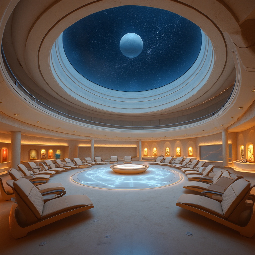 Prompt: Streamline Moderne planetarium interior, incorporating sandstone elements, futuristic ambiance, curved lines, sleek minimalism, warm beige sandstone walls, polished chrome accents, rounded geometric shapes, ambient soft blue lighting, starry night sky projection on dome ceiling, reclined seating areas with adjustable headrests, circular observation decks, interactive astronomy exhibits, holographic displays, atmospheric mist effects, calm soothing soundscape.